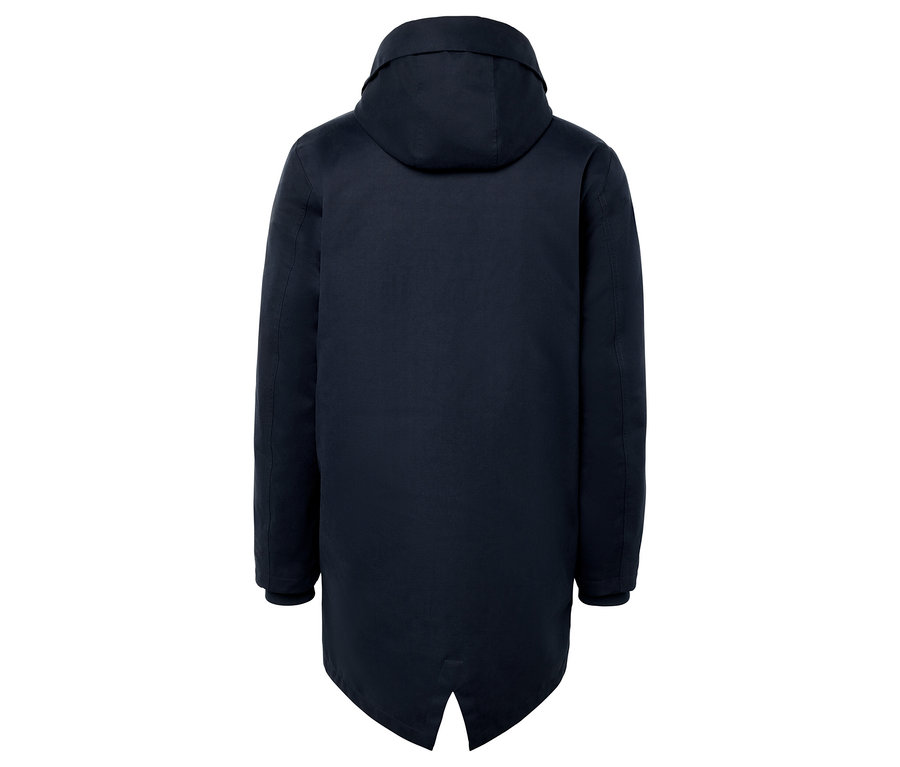 Vue arrière d'une veste pour homme bleu foncé avec capuche.