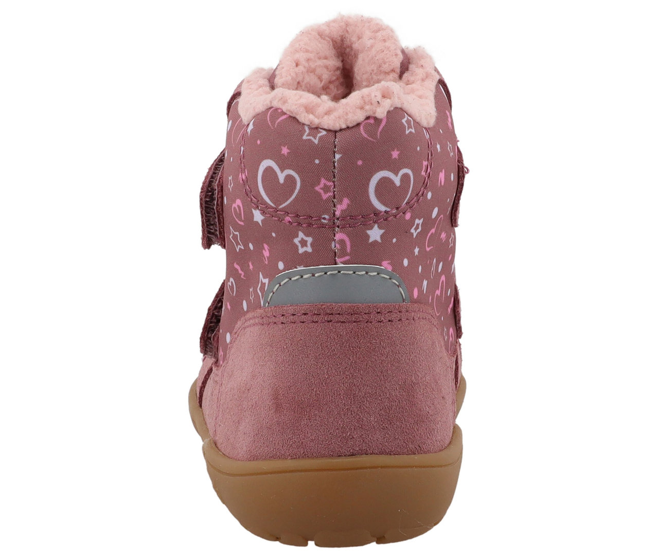 Vue arrière d'une bottine pour enfant rose LURCHI « Jilly Barefoot-TEX » avec motif de cœurs et d'étoiles.