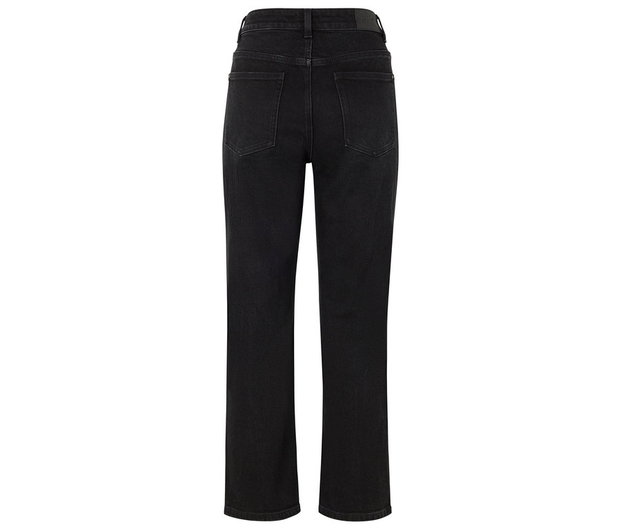Vue arrière d'un jean noir taille haute à jambe droite.