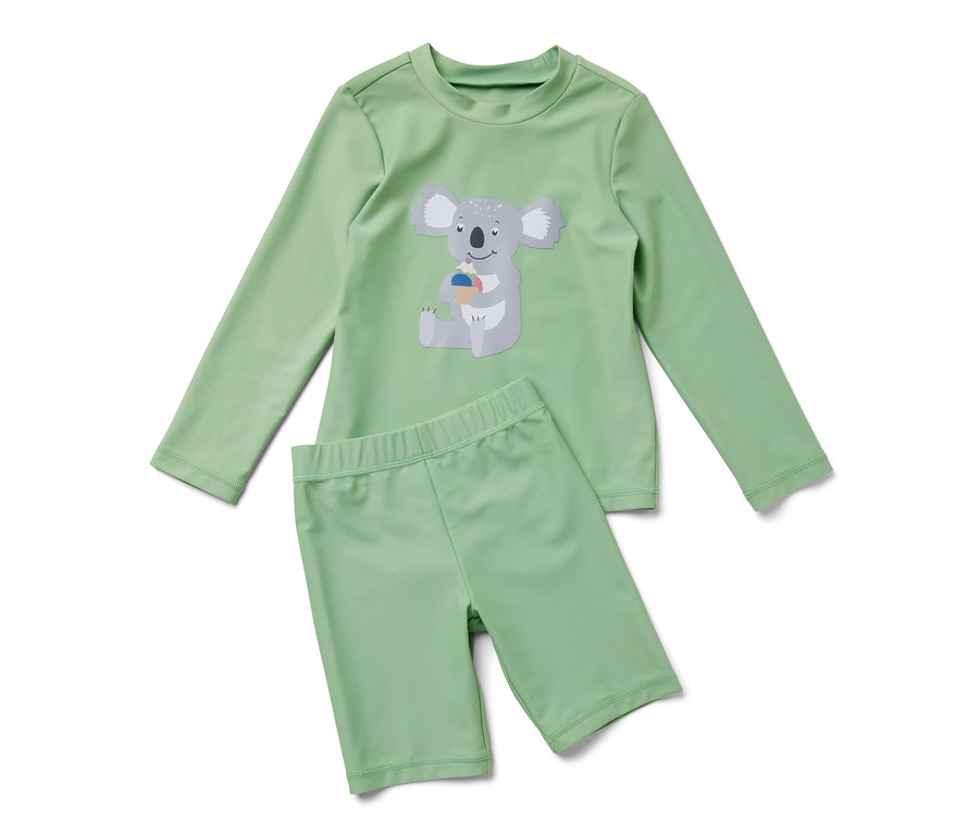 Ensemble vert pour enfants avec protection UV 80, motif koala sur le haut.