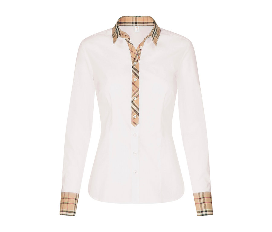Chemisier blanc en popeline Seidensticker avec des détails à carreaux au niveau du col, de la patte de boutonnage et des poignets.