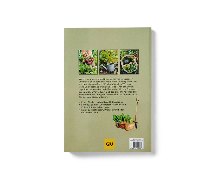 Quatrième de couverture du livre « Dein eigenes Gemüse » (tes propres légumes, en allemand) avec des photos de culture de légumes.
