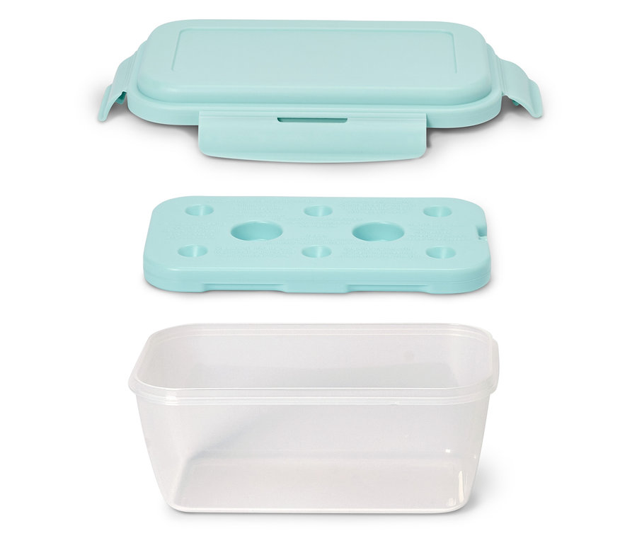 Trois récipients sont empilés : un couvercle turquoise, une glacière turquoise et une boîte en plastique transparente.