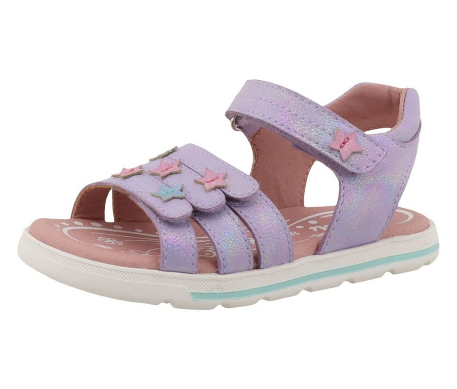 Sandales fille LURCHI Carin lilas, avec applications étoiles, fermeture velcro, semelle intérieure rose et semelle blanche.