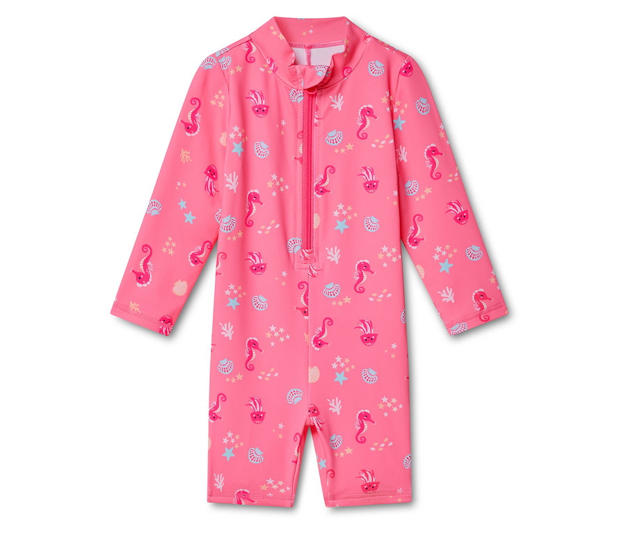 Combinaison rose pour bébé avec indice de protection UV 50+, ornée d'hippocampes, de méduses, de coquillages et d'étoiles, avec fermeture éclair.