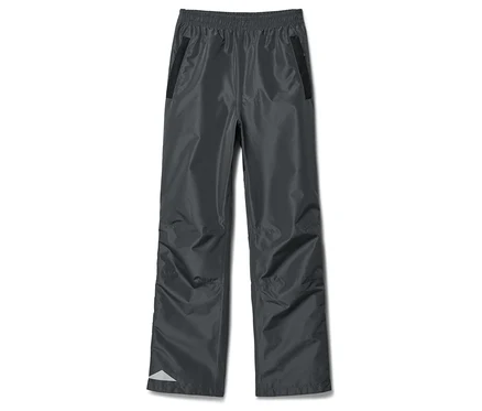 Pantalon de pluie gris avec taille élastique et poches zippées noires.
