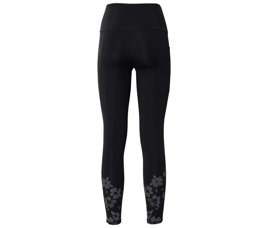 Vue arrière d'un legging noir taille haute avec un motif floral en bas des jambes.