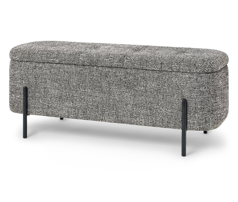 Banc de rangement rectangulaire chiné gris avec boutons sur le couvercle et pieds noirs.