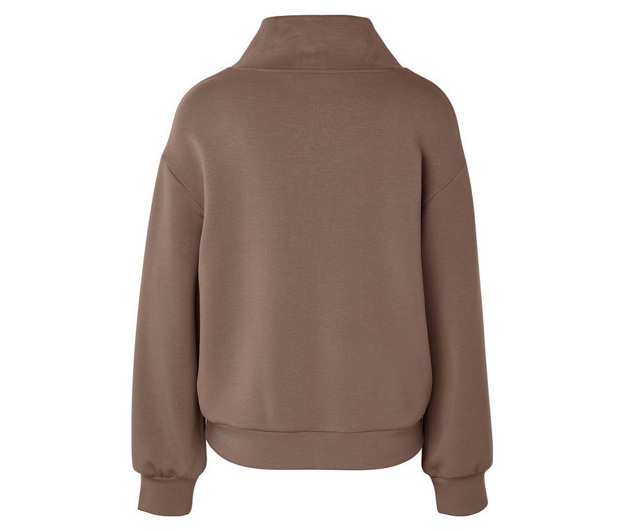 Vue arrière d'un sweat-shirt marron uni avec une fermeture éclair au niveau du col.