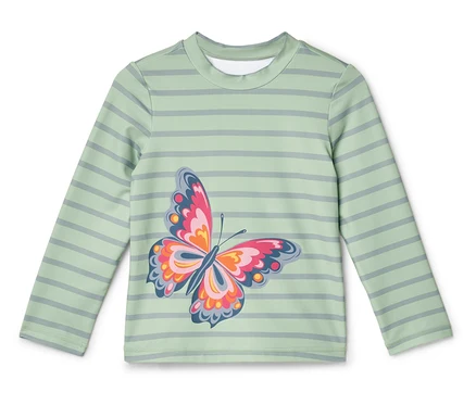 Chemise à manches longues vert clair rayée avec un imprimé papillon.