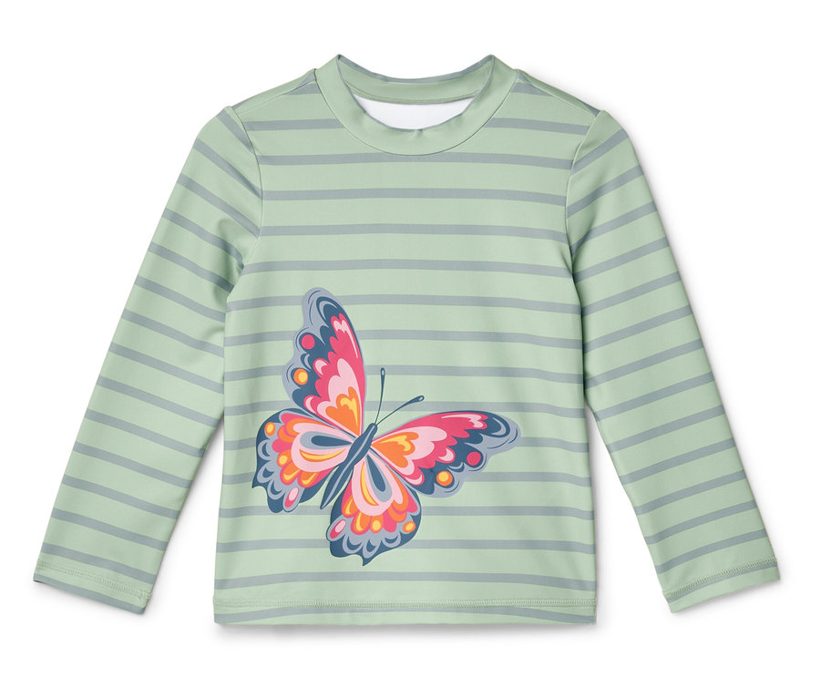 Chemise à manches longues vert clair rayée avec un imprimé papillon.