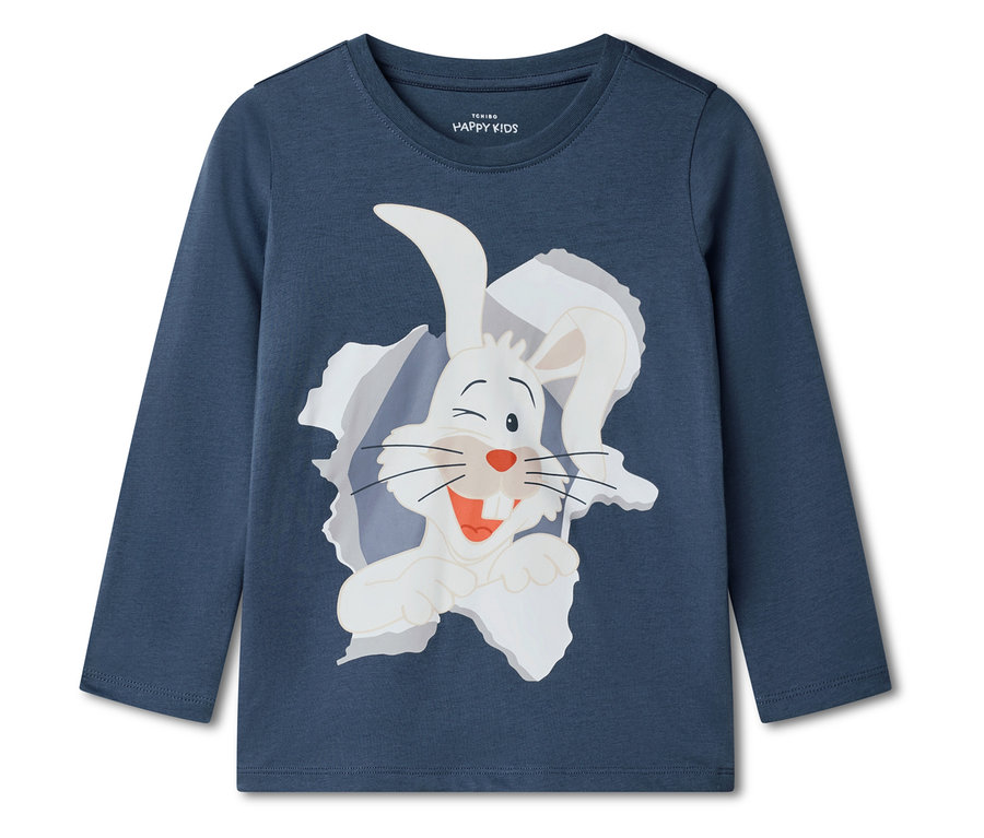 T-shirt bleu à manches longues avec un lapin blanc qui sort d'une déchirure.