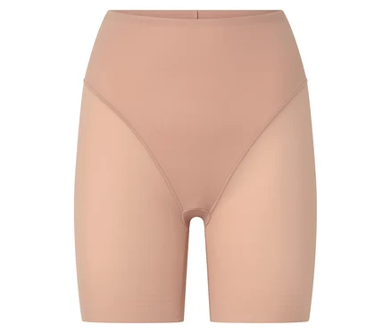 Shorts shapewear beiges taille haute avec jambes transparentes.