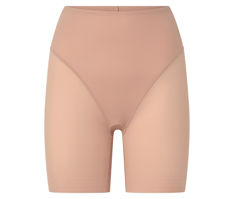 Shorts shapewear beiges taille haute avec jambes transparentes.