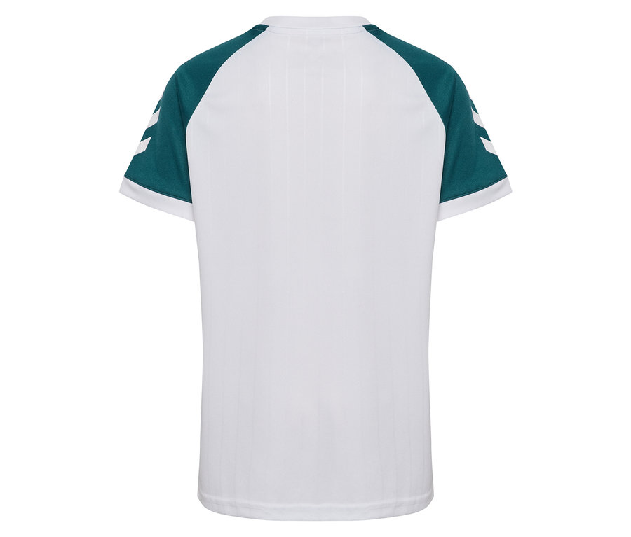 Vue arrière du t-shirt hummel® HMLJR Stripe blanc avec manches vertes et chevrons blancs.