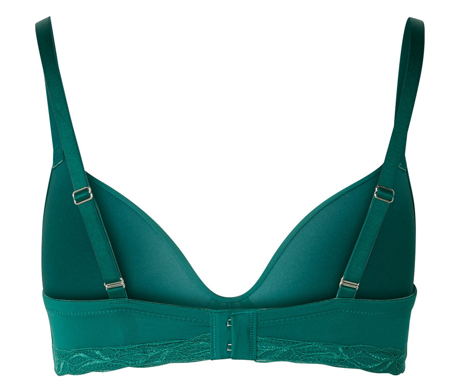 Vue arrière d'un soutien-gorge vert avec bretelles réglables et fermeture à agrafes.
