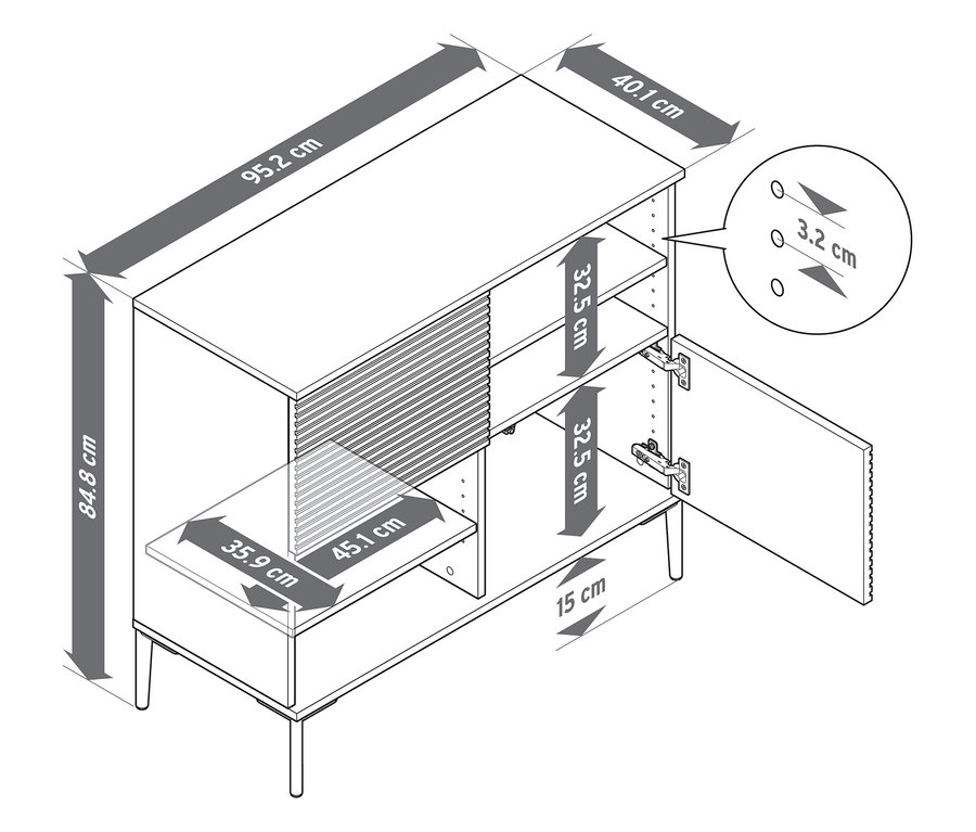 Schéma d'un buffet « REET » avec aspect lamellé et indications de dimensions.