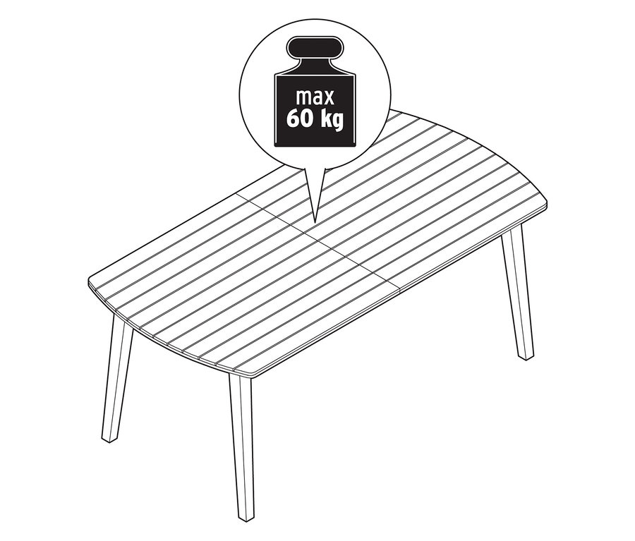 Dessin au trait en noir et blanc d'une table de jardin à rallonges avec façades arrondies, env. 180-240 cm, avec indication du poids.