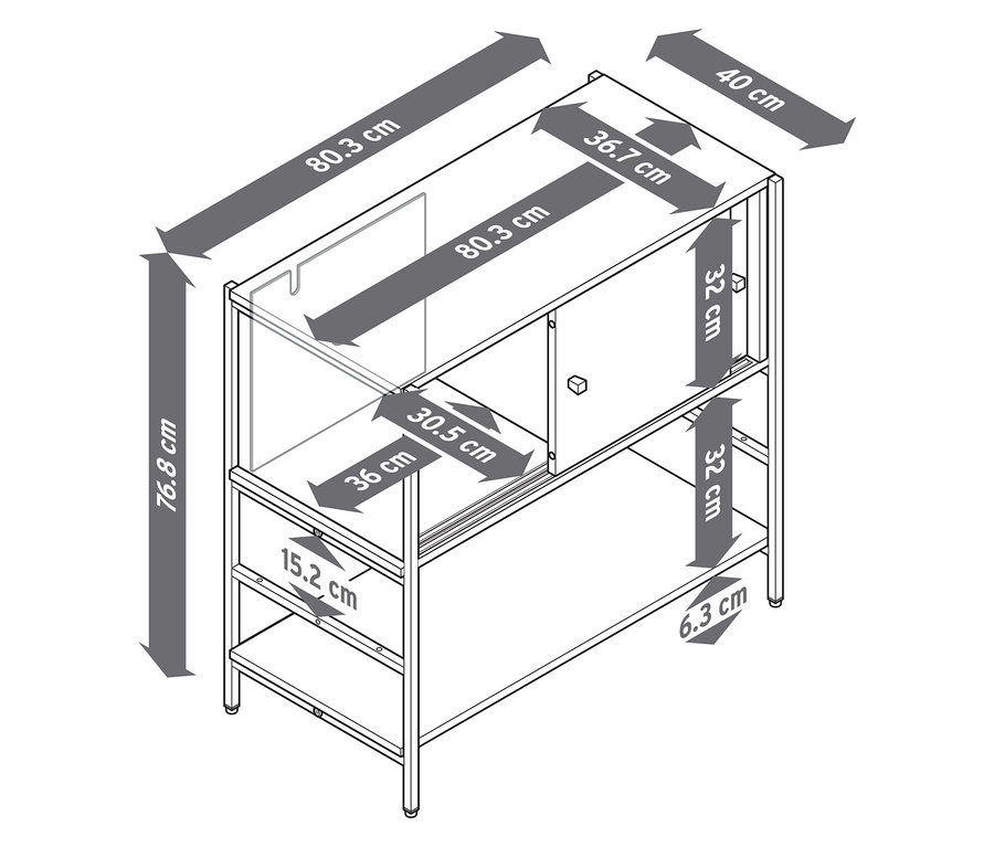 Image d'un buffet pour enfant « GRADE » avec portes coulissantes, aspect bois et gris, avec des mesures.
