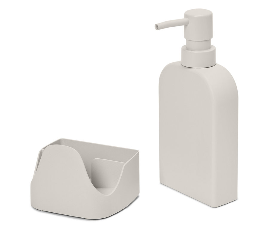 Distributeur de savon beige et porte-éponge côte à côte.