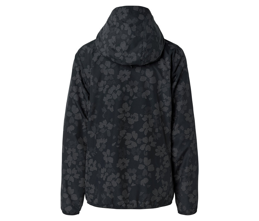 Vue arrière d'une veste noire à manches longues et à capuche avec un motif floral.