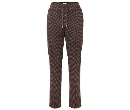 Pantalon marron à cordon de serrage avec des pois blancs.