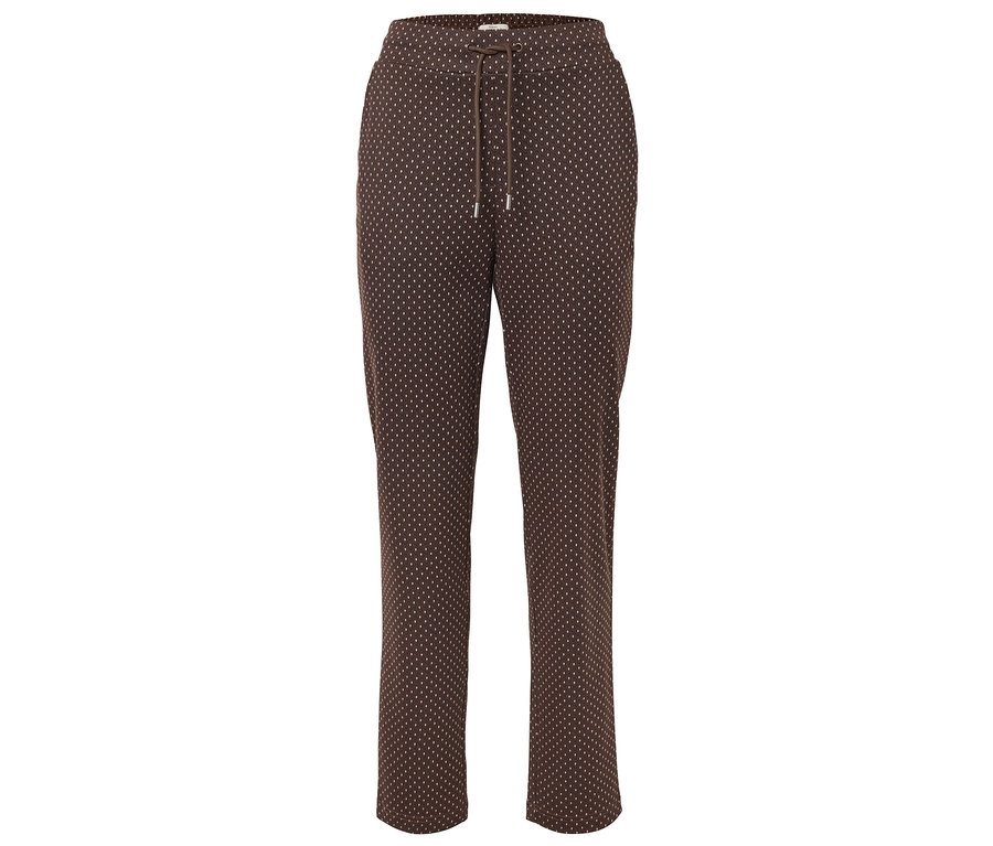 Pantalon marron à cordon de serrage avec des pois blancs.
