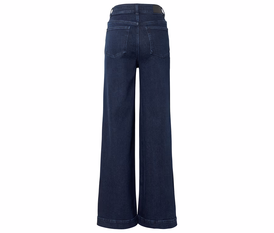Jean évasé bleu foncé vu de dos, avec poches et passants de ceinture.