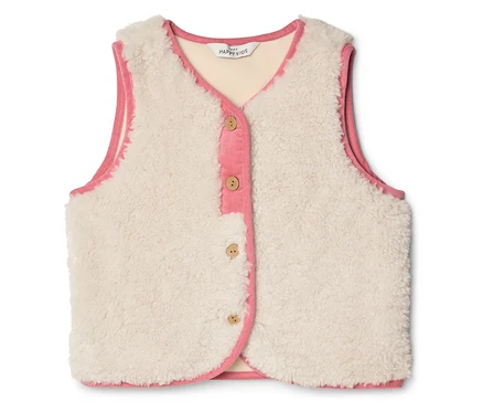 Veste sans manches en polaire blanche avec des détails roses et une fermeture boutonnée.