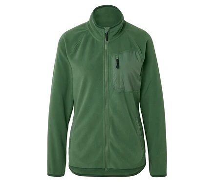 Veste polaire verte avec fermeture éclair intégrale et poche poitrine zippée.