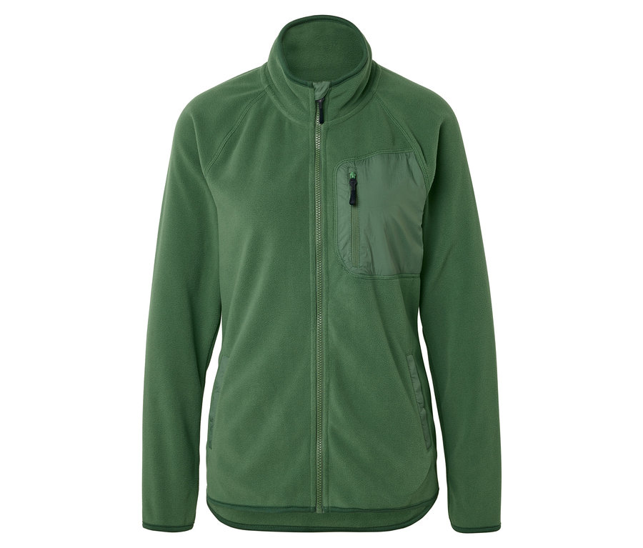 Veste polaire verte avec fermeture éclair intégrale et poche poitrine zippée.