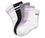 Cinq paires de chaussettes blanches, noires, grises et lilas sont superposées.