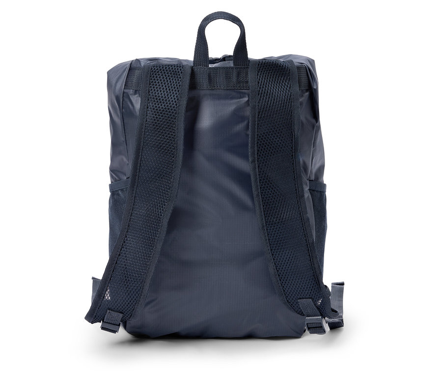 Sac à dos bleu marine avec poignée et bretelles, vue de dos.