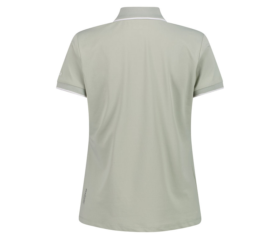 Vue arrière d'un polo vert clair avec des détails blancs au niveau du col et des manches.