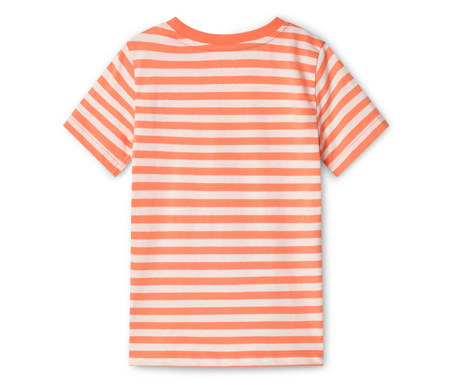 Vue arrière d'un t-shirt rayé orange et blanc.
