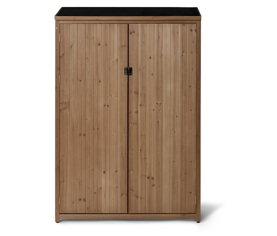 Une armoire de rangement en bois haute et rectangulaire avec deux portes, un dessus plat foncé et un loquet métallique foncé au centre.