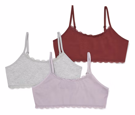 Trois brassières de couleur bordeaux, gris clair et lilas clair avec des bordures en dentelle.
