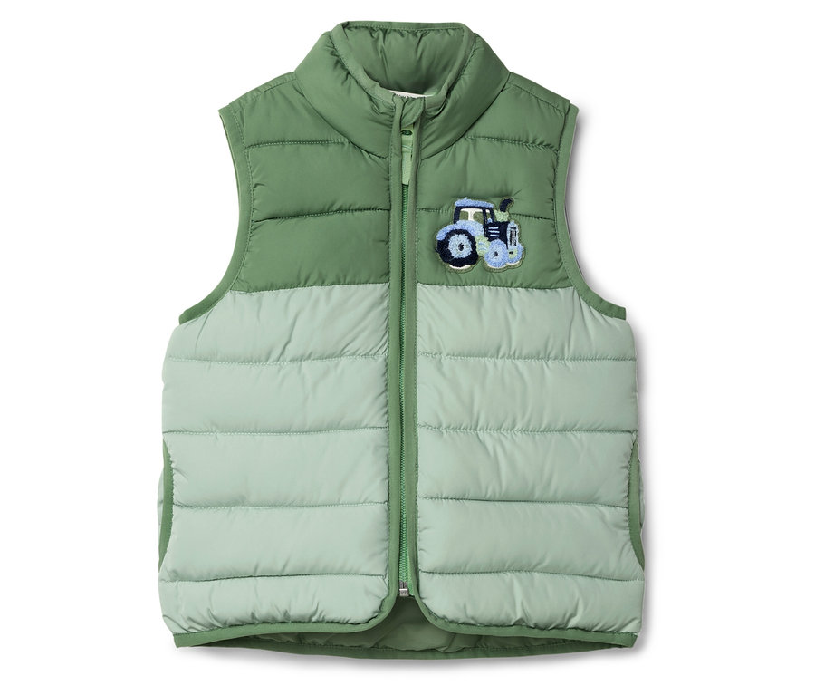 Doudoune sans manches verte avec application tracteur.