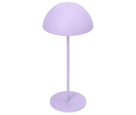 Lampadaire mauve avec abat-jour rond sur fond blanc.