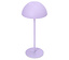 Lampadaire mauve avec abat-jour rond sur fond blanc.