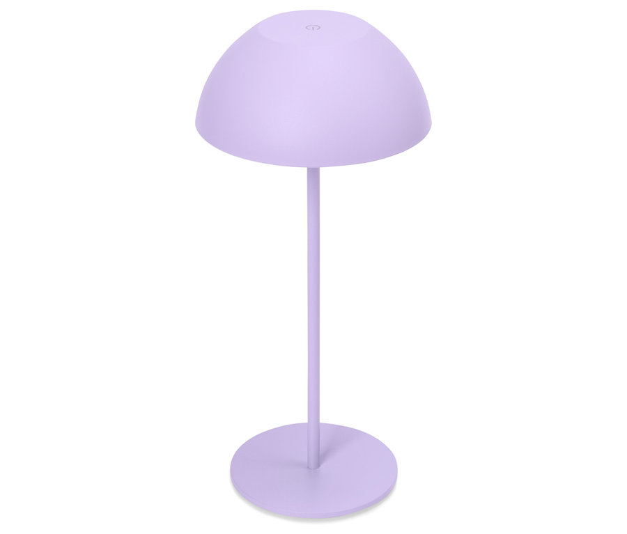 Lampadaire mauve avec abat-jour rond sur fond blanc.
