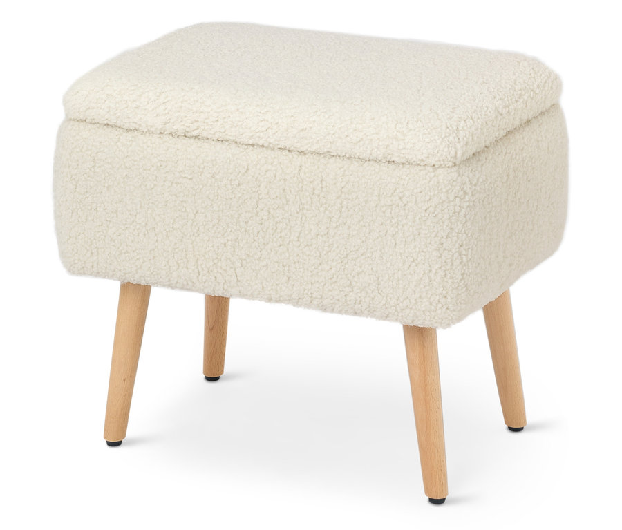 Un tabouret unique crème avec un revêtement en tissu peluche et quatre pieds en bois sur un fond blanc.