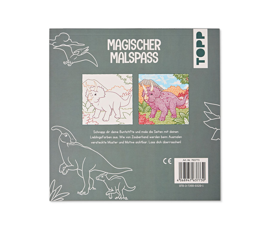 Dos de la couverture du livre de coloriage 'MAGISCHER MALSPASS' avec des illustrations de dinosaures. Un tricératops est montré avant et après coloriage, révélant des motifs cachés. Marque TOPP.