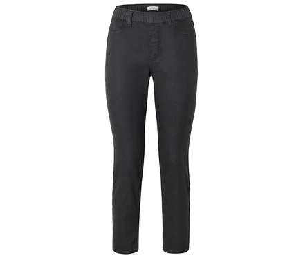Un pantalon gris foncé coupe slim avec une taille élastique et des poches avant, posé à plat sur un fond blanc.