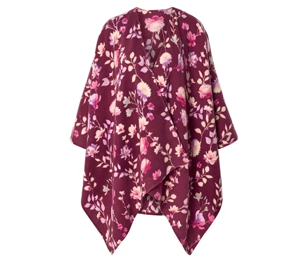 Poncho bordeaux à col en V avec un motif floral dans des tons de rose, de violet et de crème.