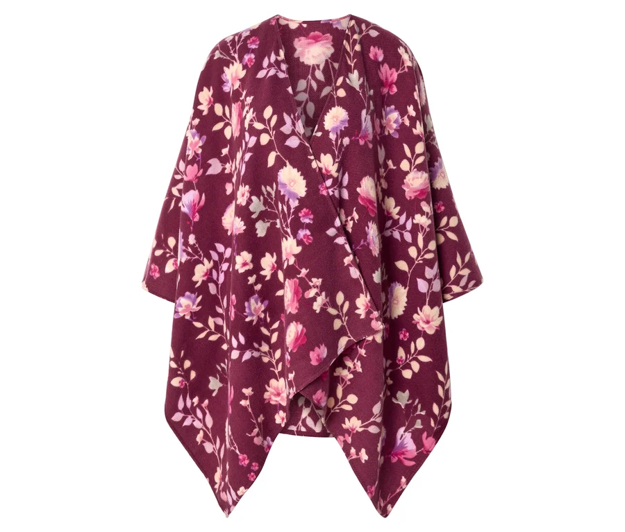 Poncho bordeaux à col en V avec un motif floral dans des tons de rose, de violet et de crème.