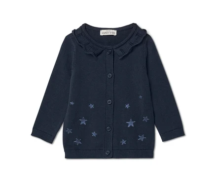 Cardigan enfant en maille bleu foncé avec col volanté, boutons sur le devant et étoiles brodées bleu clair dispersées.