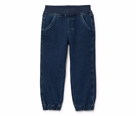 Joggers en jean bleu foncé avec taille côtelée élastique et chevilles côtelées élastiques.