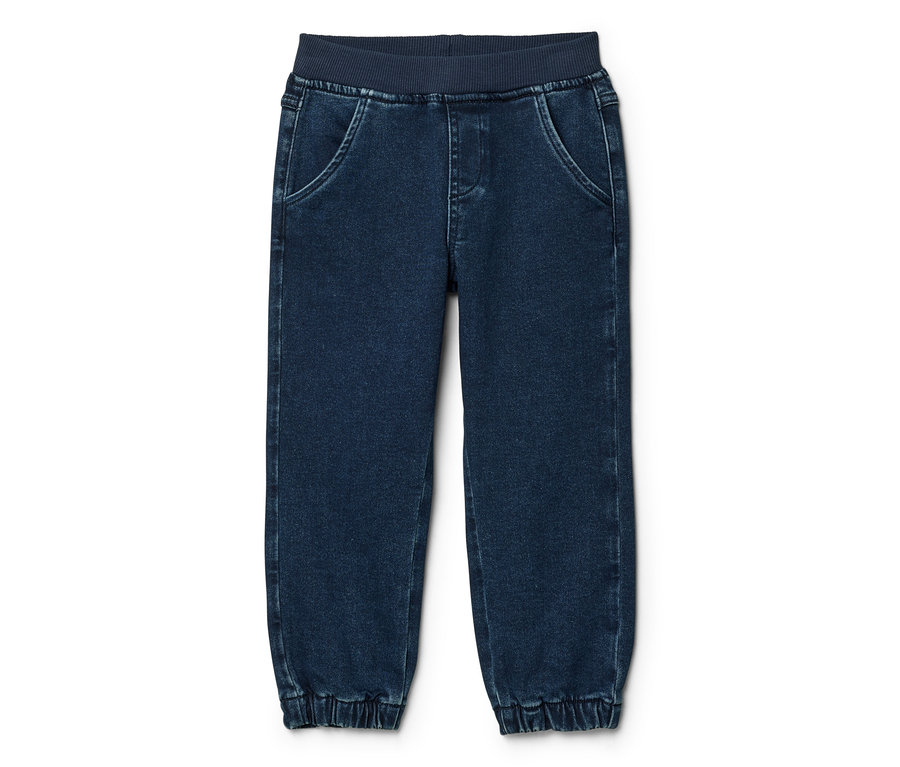 Joggers en jean bleu foncé avec taille côtelée élastique et chevilles côtelées élastiques.