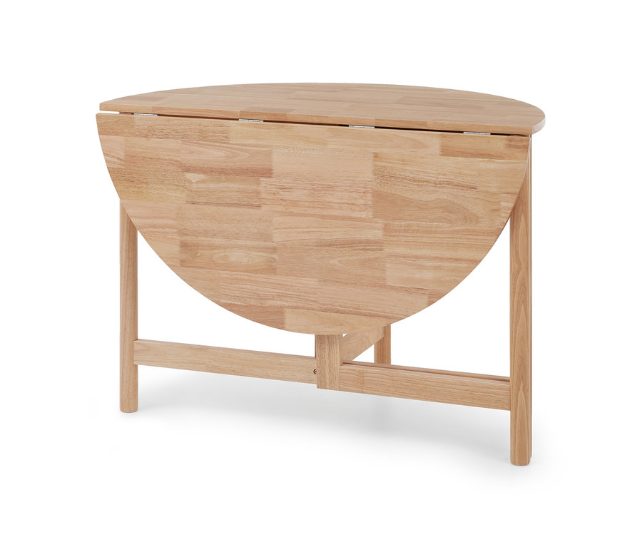 Table en bois clair avec un plateau relevé et un plateau rabattu, sur fond blanc.
